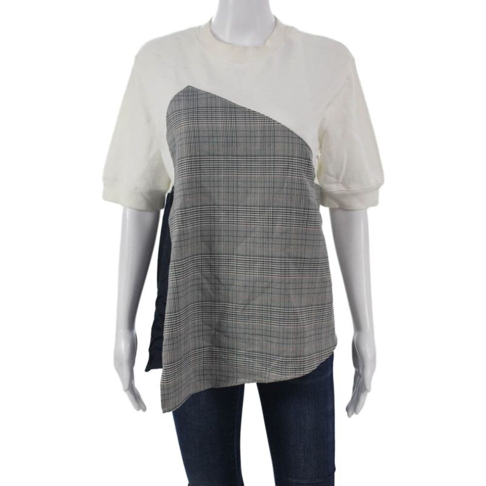 Clu Womens Tunic Plaid Crew Neck Short Sleeve Rayon Pullover White Size XS